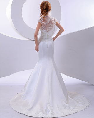 Perawan laut elegan Bunga renda Halter leher gaun pengantin dengan lengan pendek