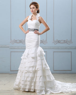 Sexy terbuka kembali berlapis gaun pengantin dengan sabuk, turun pinggang wanita gaun pengantin