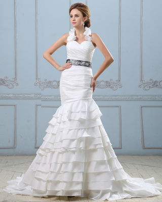 Sexy terbuka kembali berlapis gaun pengantin dengan sabuk, turun pinggang wanita gaun pengantin